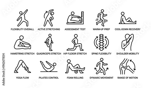 Exercise icons illustrating stretches and mobility techniques