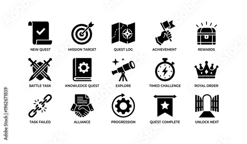 Set of adventure game icons featuring quests and achievements