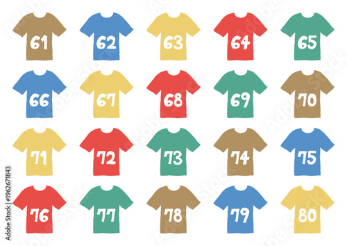 61から80までの数字が書いてあるカラフルなシャツの手描きイラストセット