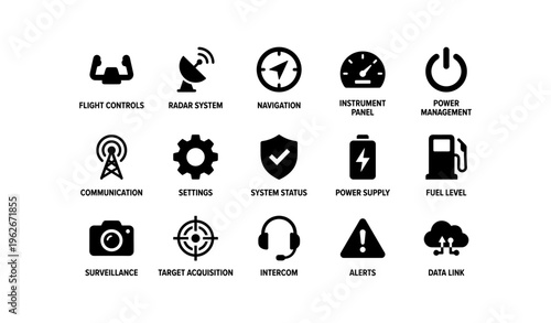 Aircraft control panel icons for flight navigation and system management