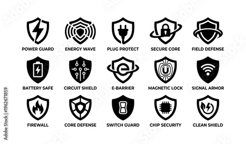 Security icon set featuring shields and tech symbols for protection and defense