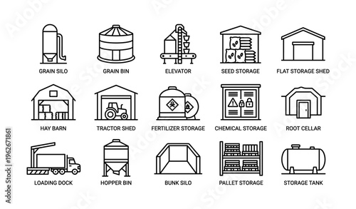 Various agricultural storage facilities: silos, bins, and sheds illustrated