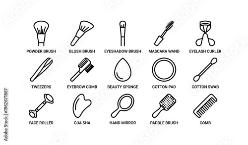 Minimalist black and white beauty tools icons set for makeup and skincare