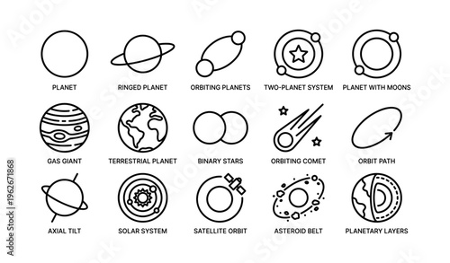Space icon set: ringed planets, celestial orbits, solar system elements