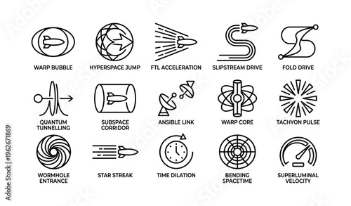 Futuristic space travel icons: warp, hyperspace, tachyon, ansible, time