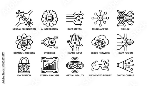 Futuristic technology icons depicting ai, neural connections, cyber elements, and virtual reality