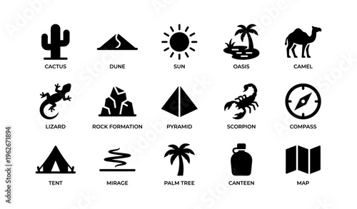 Desert icons: cactus, pyramid, camel, oasis, palm tree, sun, canteen