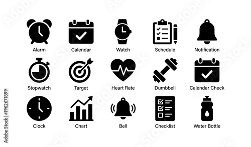 Set of fitness and time management icons for planning and exercise