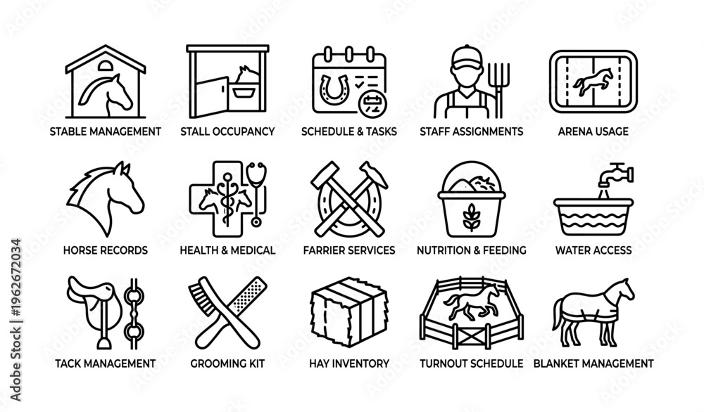Fototapeta premium Equestrian facility icons: management, tasks, health, feeding, and grooming essentials