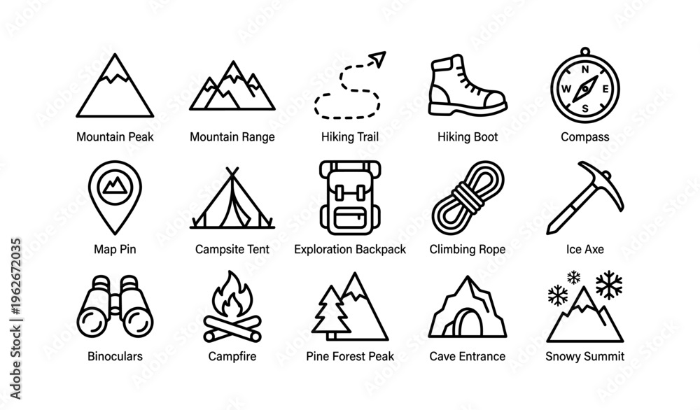 Fototapeta premium Camping and hiking icons: mountain peaks, equipment, and adventure symbols