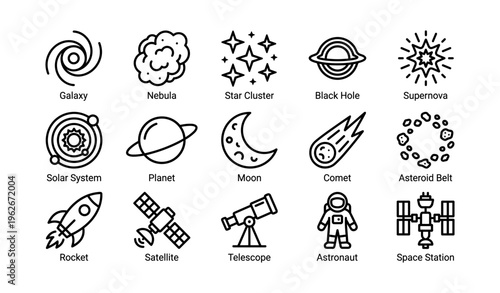 Space symbols: galaxy, nebula, star, planet, rocket, astronaut, telescope