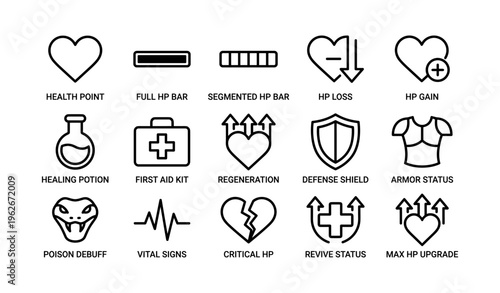Gaming health and status icons set featuring hearts shields potions and bars for ui design