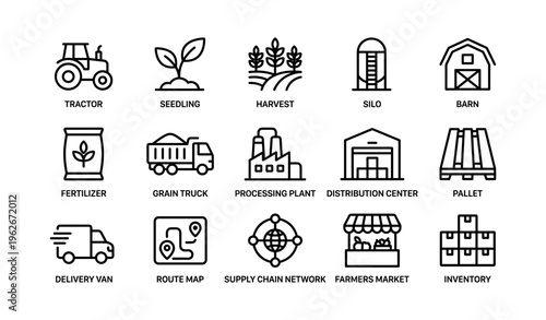 Agricultural and supply chain icons: tractor, seedling, barn, processing plant
