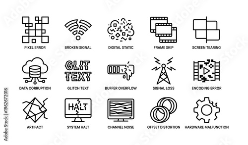 Visual error icons: pixel, glitch, buffer, signal, hardware issues