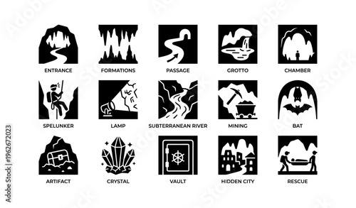 Icons depicting cave exploration activities and elements