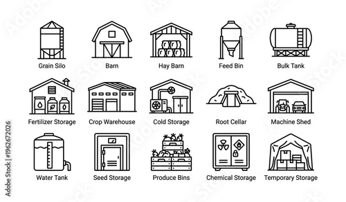 Agricultural storage icons: silo, barn, hay, bin, tank, warehouse, shed