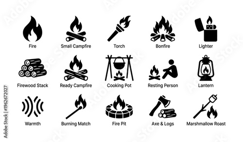 Icons of fire: campfire, torch, bonfire, lighter, lantern, tools, activities