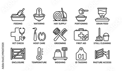 Farm animal care icons: feeding, watering, grooming, first aid, pasture access