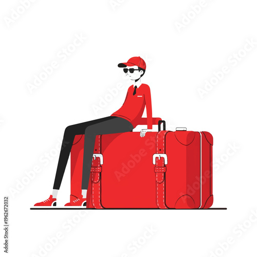 Stylish traveler sitting on a large red suitcase, waiting for a journey. Flat vector illustration of a person with luggage, ready for vacation or business trip.