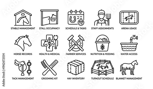 Equestrian facility icons: management, tasks, health, feeding, and grooming essentials