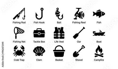 Fishing equipment icons including rod, hook, net, and boat illustrations
