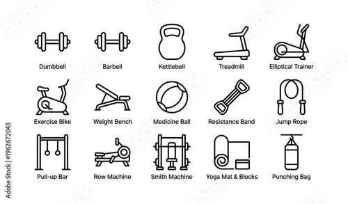 Fitness equipment icons including dumbbell, barbell, treadmill, and kettlebell