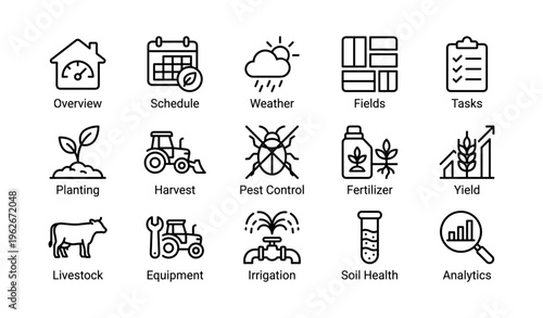 Agricultural management icons illustrating farming processes and tools