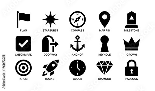 Collection of simple black pictogram icons including flag, starburst, compass, map pin, checkmark, and more