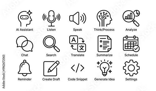 Ai icons: brain, microphone, magnifying glass, and calendar designs