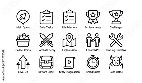 Video game icons for quests and challenges with rewards and progression