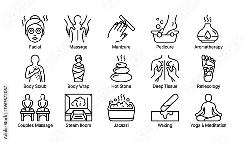 Spa and wellness icons depicting various treatments and relaxation activities