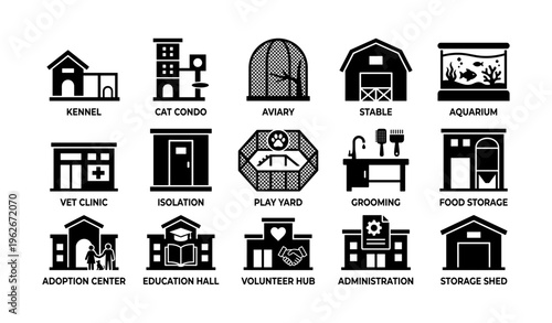 Icons of animal care facilities: kennel, aviary, grooming, adoption, aquarium