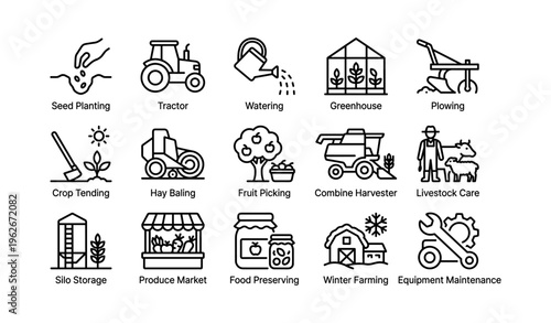 Farm equipment and activities icons including tractor, greenhouse, and livestock care