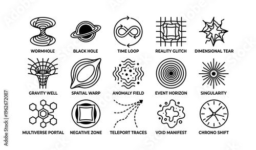 Abstract symbols representing time, space, and cosmology concepts