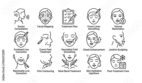 Facial treatment icons for rejuvenation and enhancement procedures