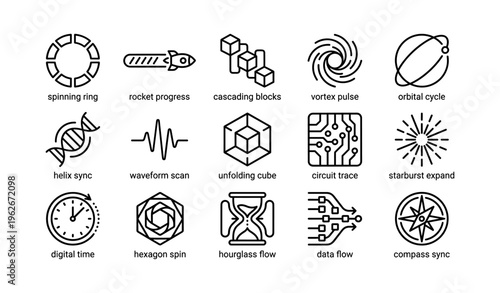 Geometric icons: spinning ring, rocket, vortex, helix, digital clock, circuit, compass patterns