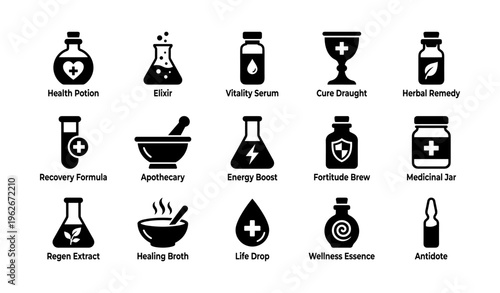 Collection of alchemical icons featuring potions, elixirs, and remedy symbols