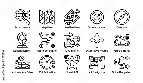 Gps navigation icons: smart search, map view, satellite, compass, voice navigation