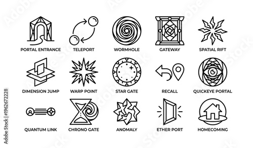 Futuristic icons of portals and dimensional travel with symbols of gates and portals