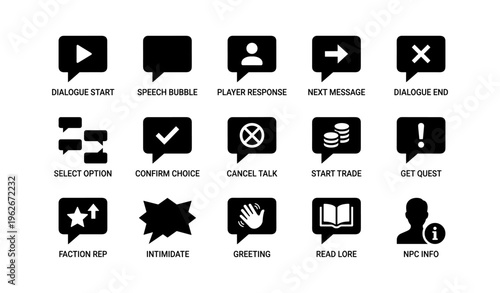 Game ui icons set with dialogue, trade, quest, interaction symbols