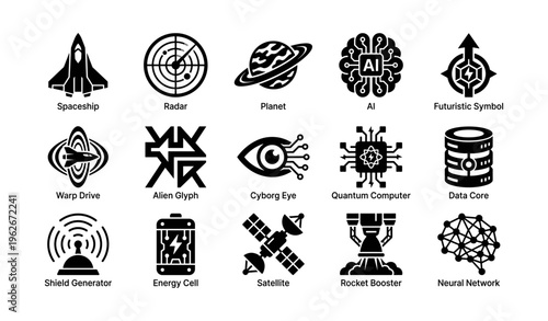 Futuristic space and technology symbols: spaceship, ai, quantum, satellite, neural