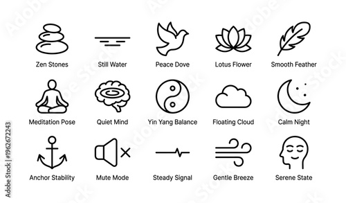 Tranquility symbols collection featuring zen elements and mindfulness icons