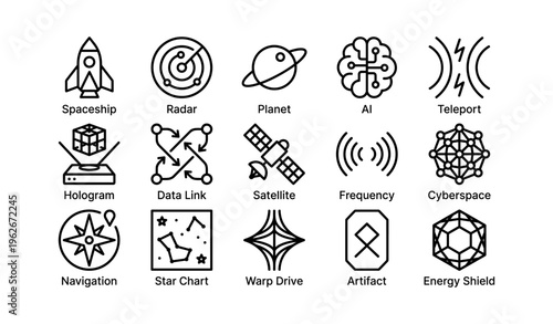 Futuristic technology icons: spaceship, ai, teleport, hologram, satellite