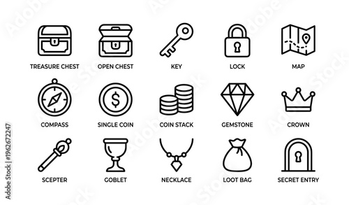 Icon set: treasure chest, key, lock, map, compass, coins, gemstone, crown, scepter, goblet, necklace, loot bag, secret entry