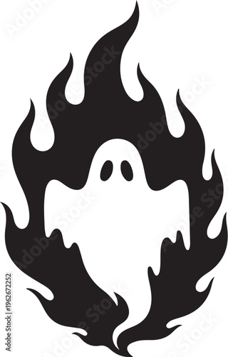 Ghost surrounded by flames in black and white illustration style