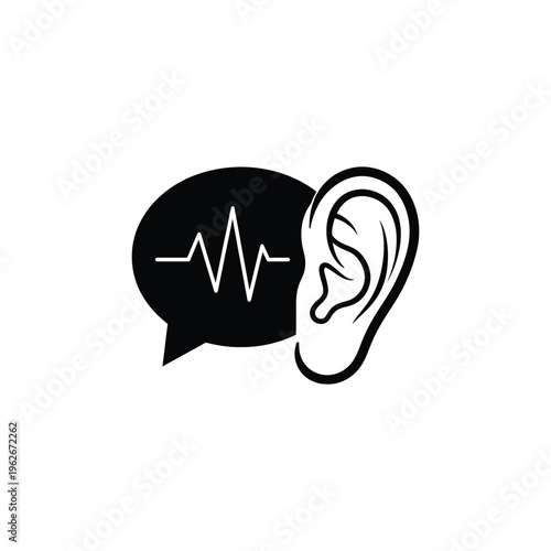 An illustration of an ear listening to a heartbeat sound wave in a speech bubble.