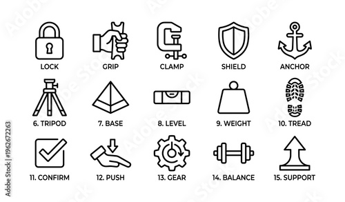 Minimalist icons: lock, grip, clamp, shield, anchor, and more tools collection