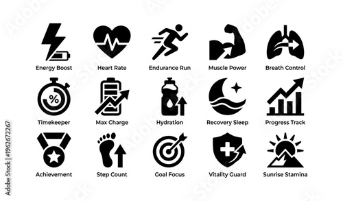 Fitness icons for energy, heart rate, endurance, muscle power, breath control