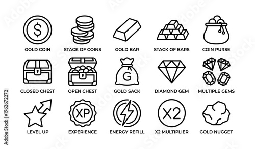 Icon set featuring coins, bars, gems, chests, and gaming symbols