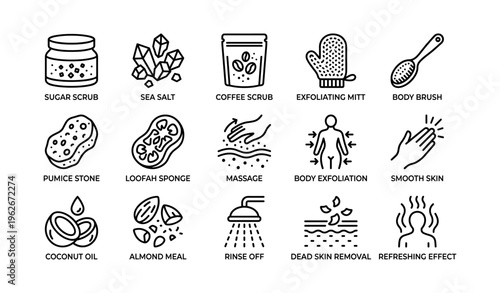 Skincare icons featuring exfoliation tools and natural ingredients for smooth skin
